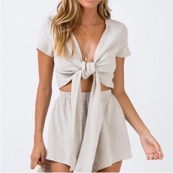 Princess Polly Ragnar Tie Front Linen Blend Coastal Boho Romper size 8 - Picture 1 of 7